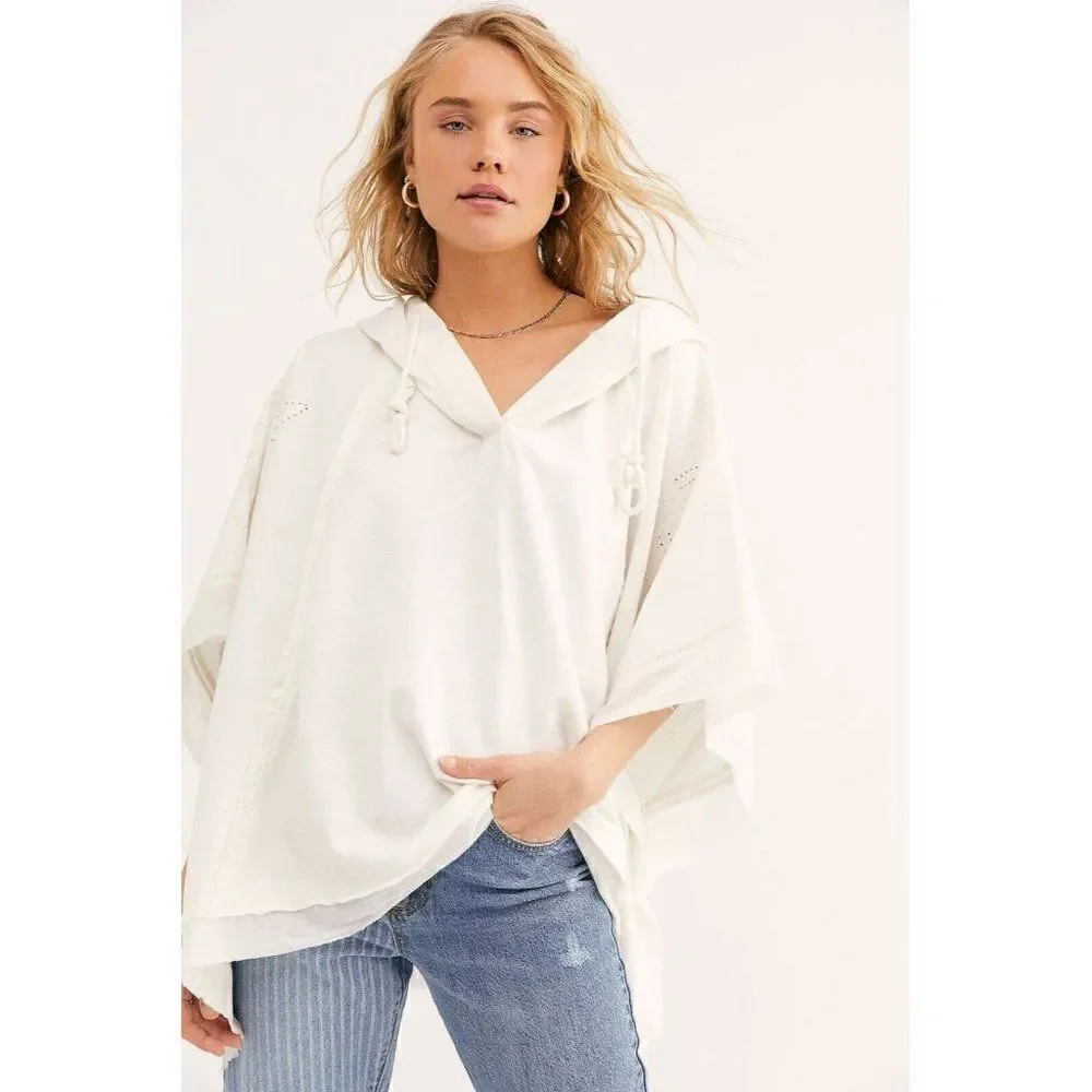 NEW FREE PEOPLE SzS BE THERE EMBROIDERED SWEATSHIRT PULLOVER HOODIE PONCHO IVORY